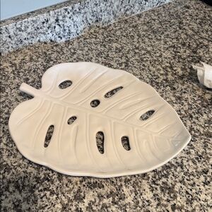 Large Beautiful White Monstera Leaf Ceramic Tray Wall Art